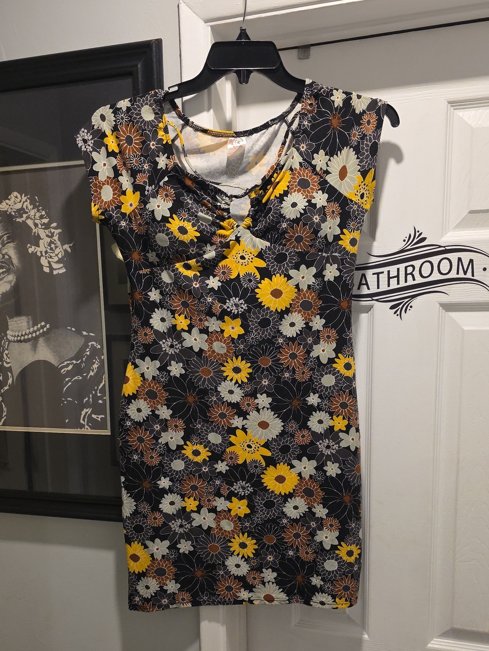 No Boundaries Black Floral Cap-Sleeve Mini Dress with Yellow Accents